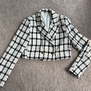 Black and Cream Checkered Women's Cropped Blazer